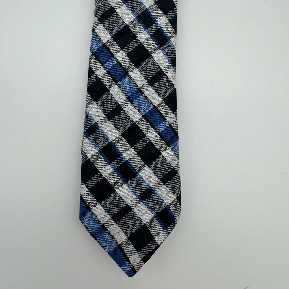 Boys Clip on skinny neck Tie plaid checkered blue black white dressy formal